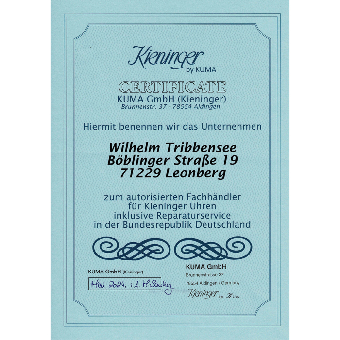 Kieninger Uhren Zertifikat