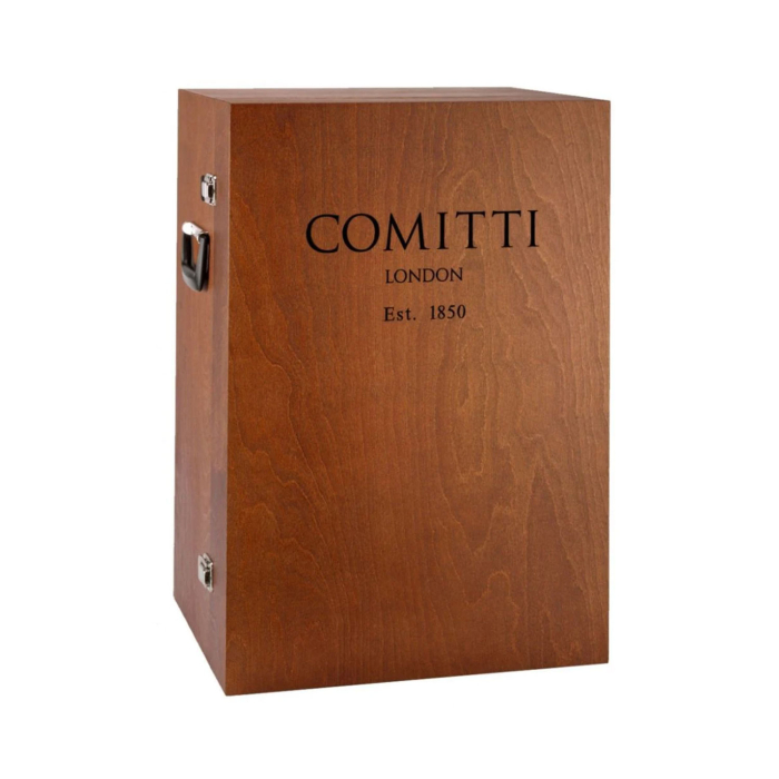Hochwertige Transportbox von Comitti of London aus Holz mit Logo und Grifflaschen – stilvolle Verpackung für exklusive Präzisionsuhren