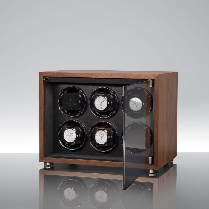 Geöffneter Rotalis 6 Wood in Braun – Luxus-Uhrenbeweger für sechs Automatikuhren