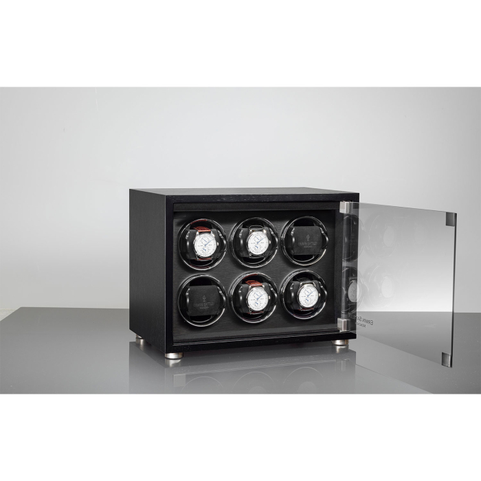 Rotalis 6 Wood Schwarz geöffnet – elegante Präsentation von sechs Luxusuhren