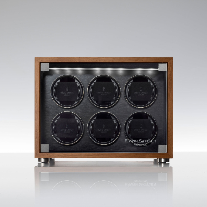 Innenansicht des Rotalis 6 Wood Braun ohne Uhren – Rotorplätze und technische Details sichtbar mit Beleuchtung