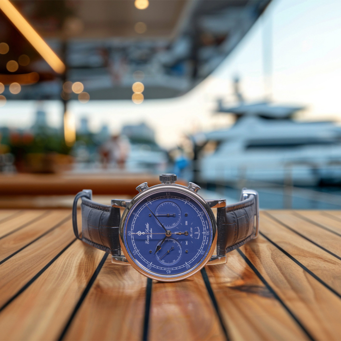 Chronograph III S von Erwin Sattler – luxuriöse Armbanduhr mit blauem Zifferblatt auf Holzdeck mit Yacht-Atmosphäre