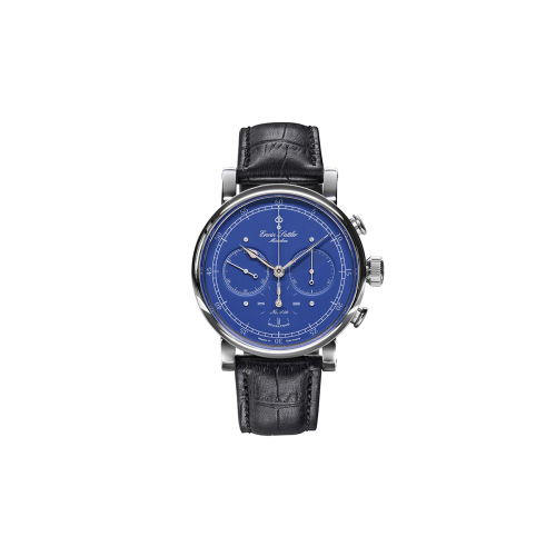 Erwin Sattler Chronograph III S – Armbanduhr mit blauem Zifferblatt und schwarzem Lederarmband