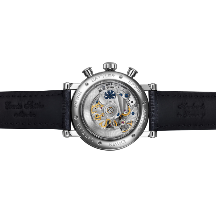 Rückansicht der Erwin Sattler Chronograph III S – Saphirglasboden mit sichtbarem Automatikwerk