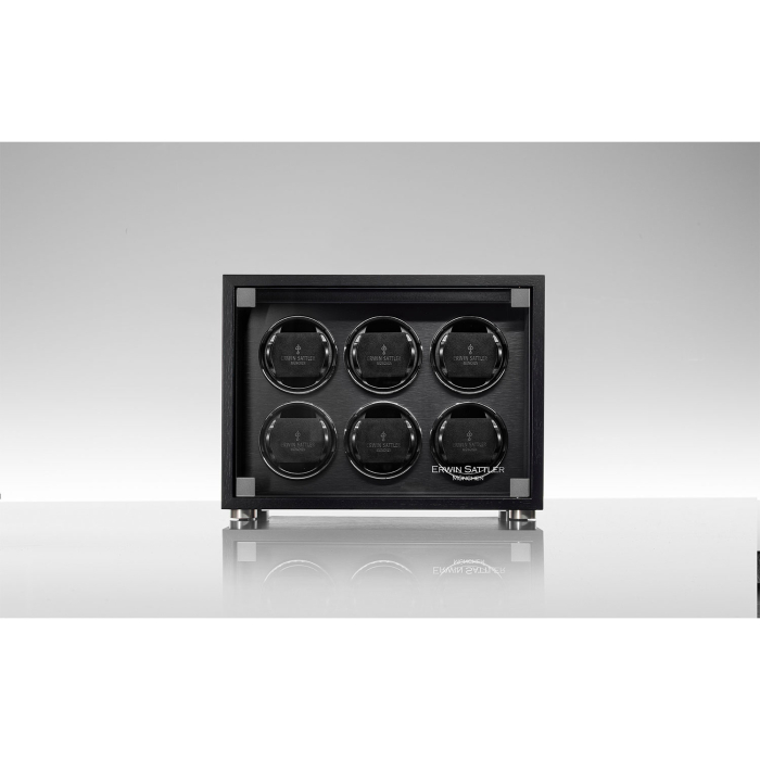 Rotalis 6 Wood Schwarz geöffnet – elegante Präsentation von sechs Luxusuhren