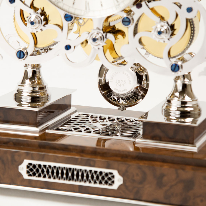 Three Train Skeleton Clock Platinum Finish Sinclair Harding