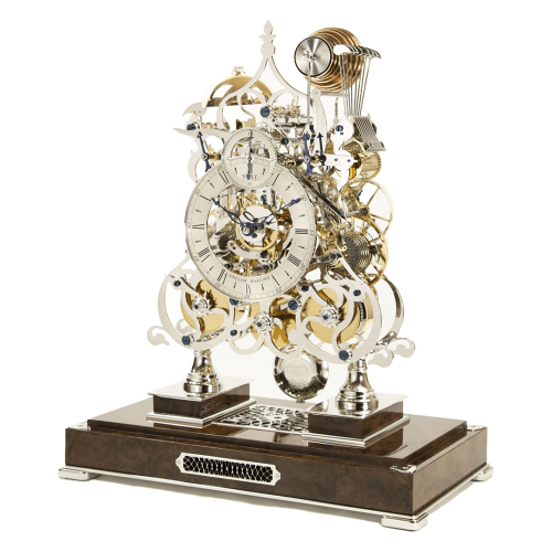 Three Train Skeleton Clock Platinum Finish Sinclair Harding