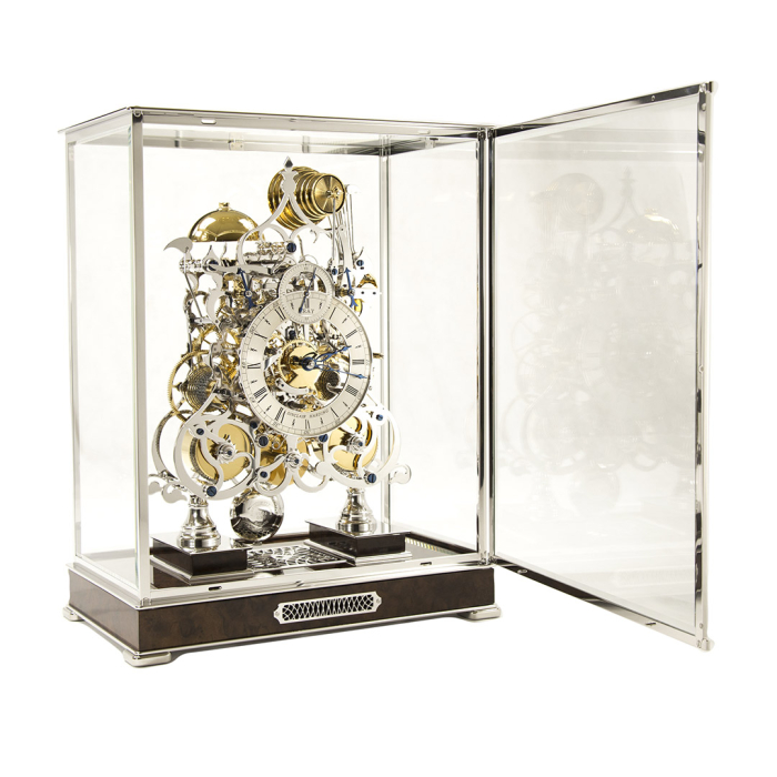 Three Train Skeleton Clock Platinum Finish Sinclair Harding