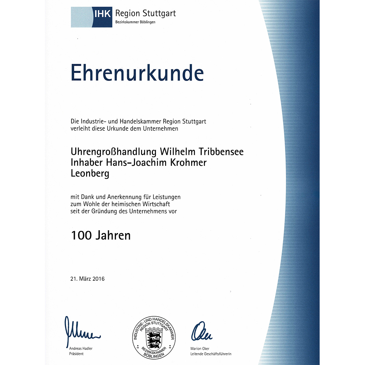 Ehrenurkunde Ehrenkunde Wilhelm Tribbensee