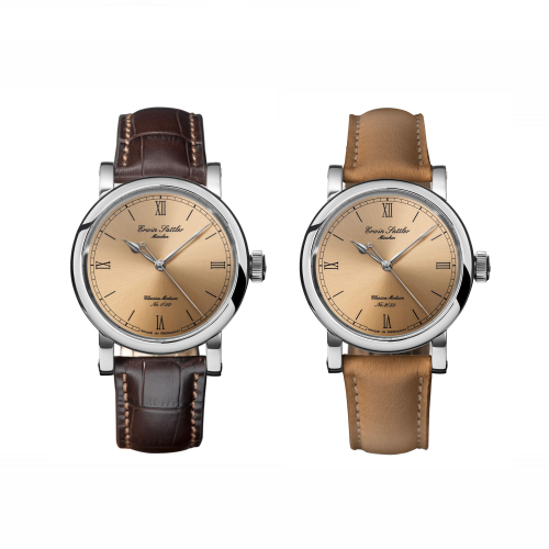 Erwin Sattler Classica Medium Limited mit zwei exklusiven Lederarmbändern – limitierte mechanische Armbanduhr mit champagnerfarbenem Zifferblatt und Edelstahlgehäuse Made in Germany.