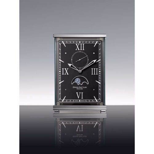 Erwin Sattler Lunaris II Schwarz exklusive mechanische Tischuhr mit schwarzem Zifferblatt und präziser Mondphasenanzeige.