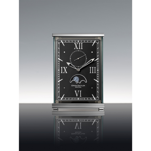 Erwin Sattler Lunaris II Schwarz exklusive mechanische Tischuhr mit schwarzem Zifferblatt und präziser Mondphasenanzeige.