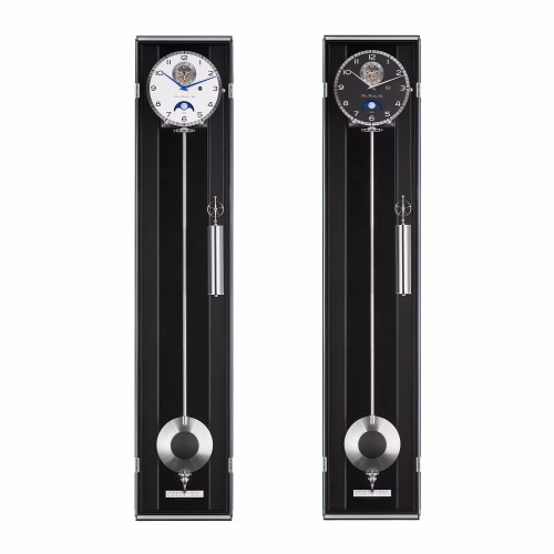 A side-by-side comparison of the Hermle Masterpiece Precision Pendulum Clock with white and black dials—an exclusive mechanical designer wall clock featuring a tourbillon, moon phase, and precision pendulum, Made in Germany.