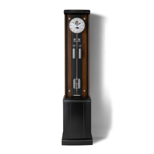 Erwin Sattler Troja Sonata M II Präzisionspendeluhr mit Makassarholz, Mondphase, offenem Präzisionspendel und elegantem Glasgehäuse.